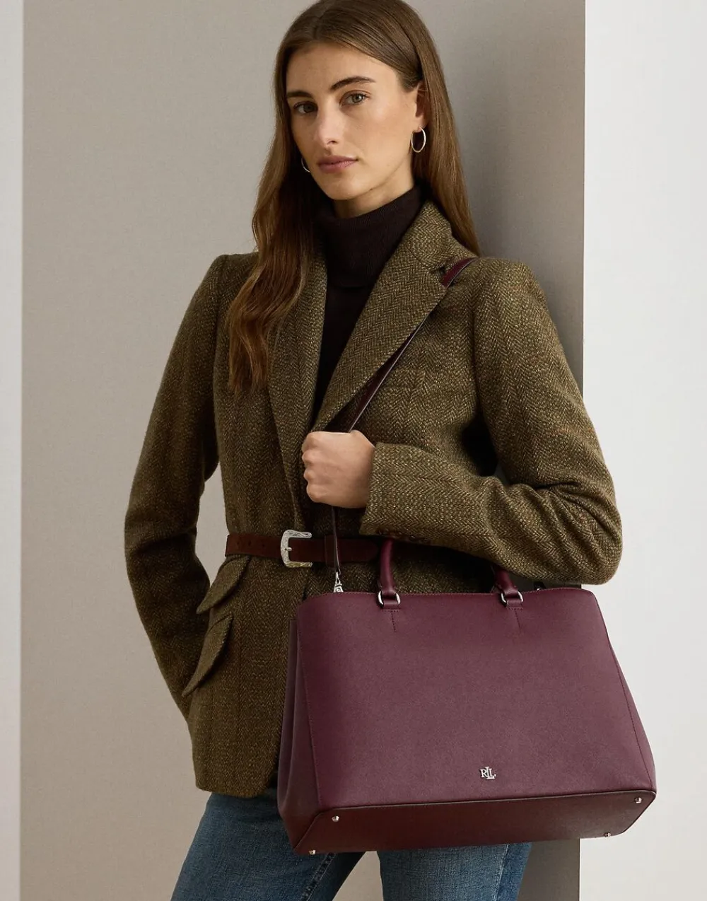 Crosshatch Leather Large Hanna Satchel>Lauren Ralph Lauren