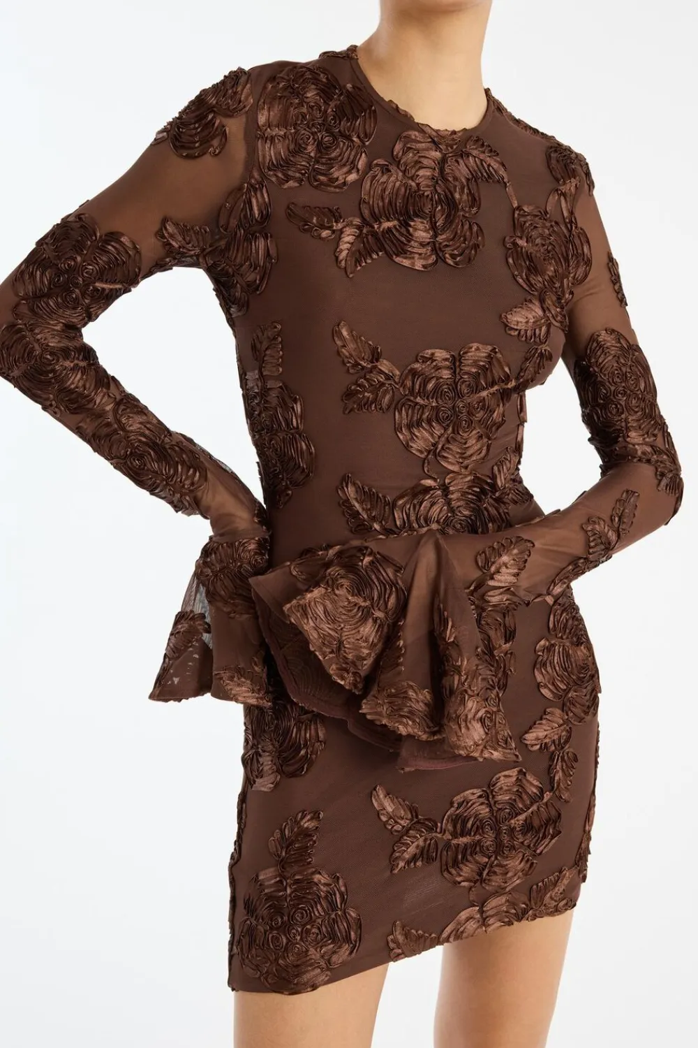 ROTATE Birger Christensen FLOWER MESH MINI DRESS Chicory coffee Hot
