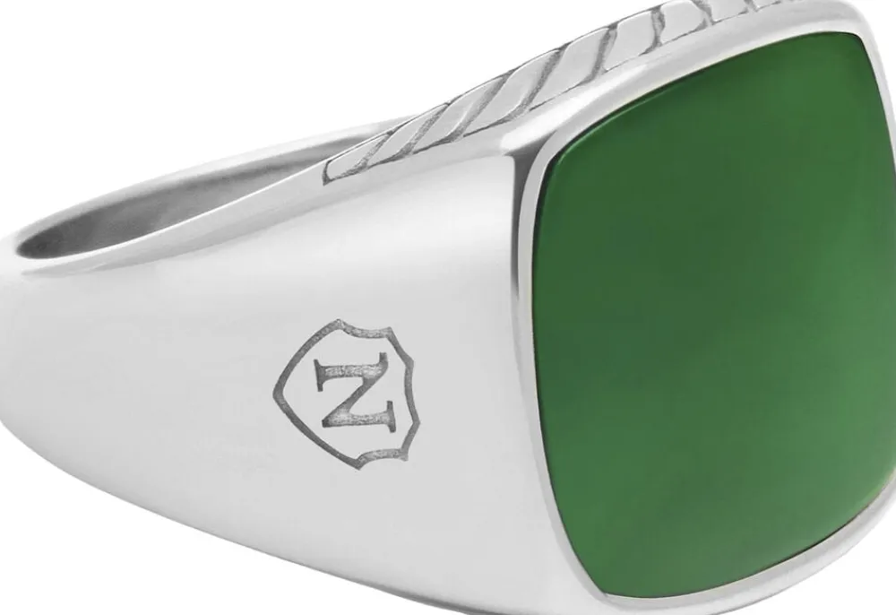 Nialaya Gentlemen's Silver Signet Ring with Green Jade Silver / green New