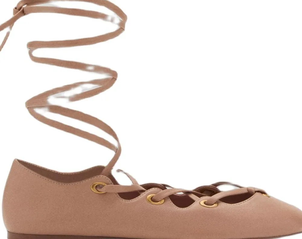 MANGO Leather ballerina with crossed stra Lt-pastel pink Hot