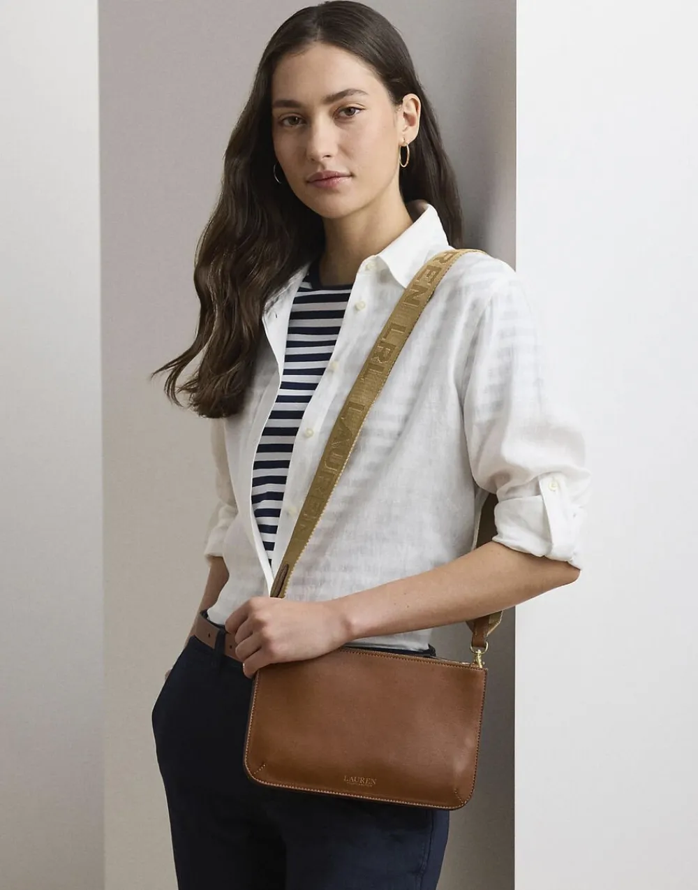 Lauren Ralph Lauren Leather Medium Landyn Crossbody Bag Lauren tan New