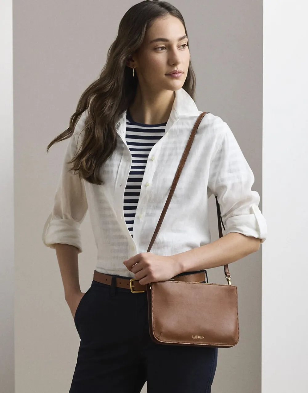 Lauren Ralph Lauren Leather Medium Landyn Crossbody Bag Lauren tan New