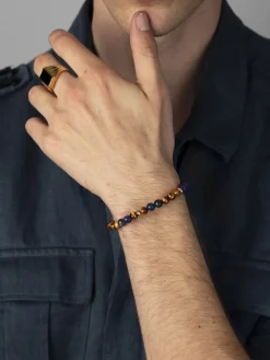 Men's Beaded Bracelet with Dumortierite, Brown Tiger Eye and><noscript><img width=