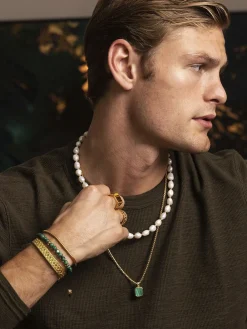 Nialaya Men's Beaded Bracelet with Malachite and Gold Plating Green Online