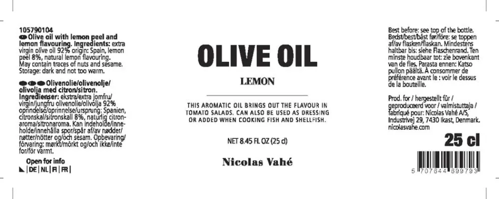 Nicolas Vahé Olivenolie 99,5% med citronskal og citronaroma, 25 cl.