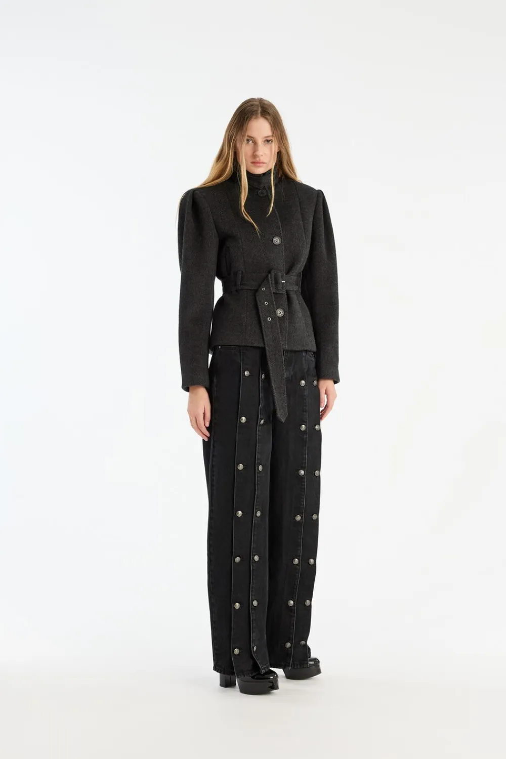 ROTATE Birger Christensen OVERSIZED BELTED JACKET Gray pinstripe Clearance
