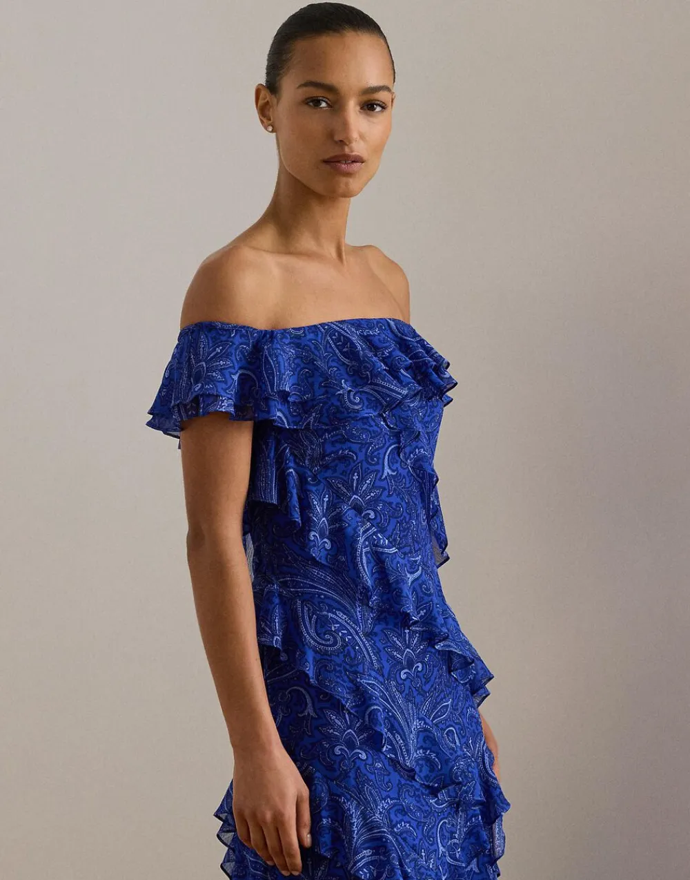 Lauren Ralph Lauren Print Ruffle-Trim Off-the-Shoulder Gown Blue multi Clearance