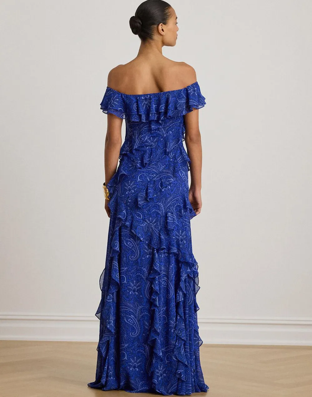Lauren Ralph Lauren Print Ruffle-Trim Off-the-Shoulder Gown Blue multi Clearance