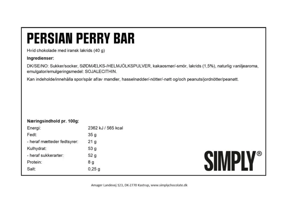 Simply® PERSIAN PERRY chokoladebar (40g)>Simply Chocolate Online