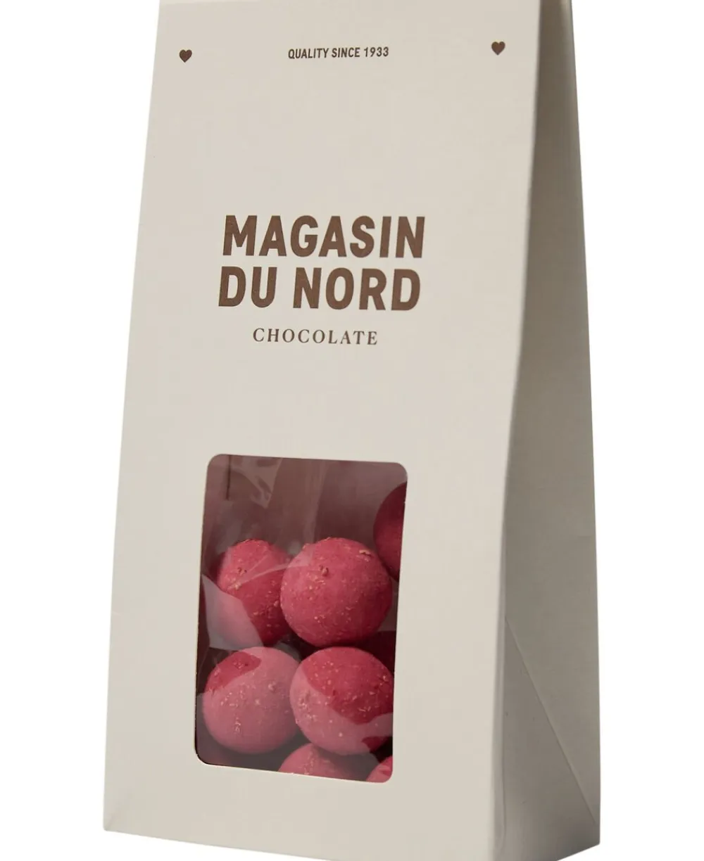 Æske, Lakridsdragé m/ hvid chokolade, rabarber & hindbær 100>Magasin Chokolade