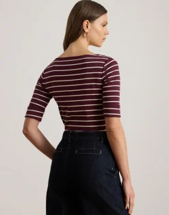 Striped Stretch Cotton Boatneck Tee><noscript><img width=